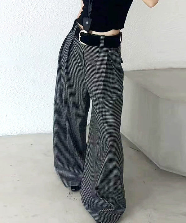 Check Wide Tuck Pants